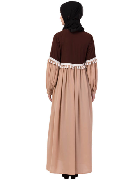 Muslim Two Color With Lace Gathered Abaya Brown